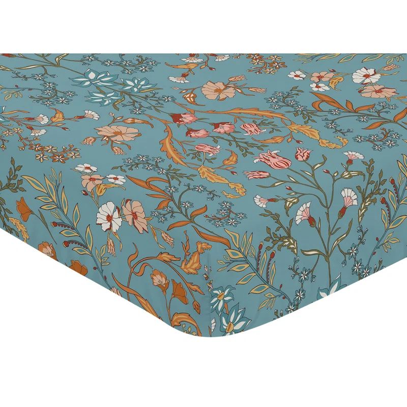 Turquoise and Orange Floral Microfiber Toddler Crib Sheet Set