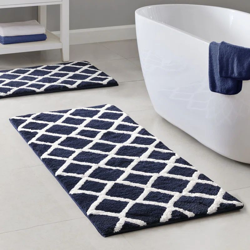 Navy and White Microfiber Rectangle Bathroom Rug