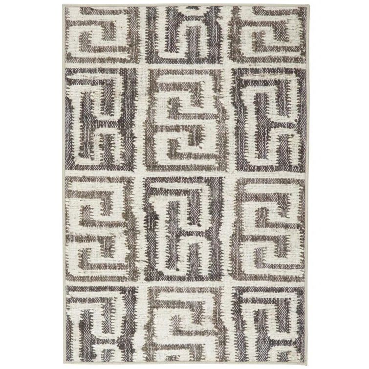 Gray and White Geometric Synthetic Runner Rug 2'6" x 8'