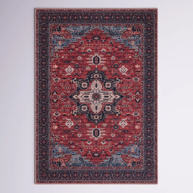 Serapi Red and Navy 4' x 6' Viscose Area Rug