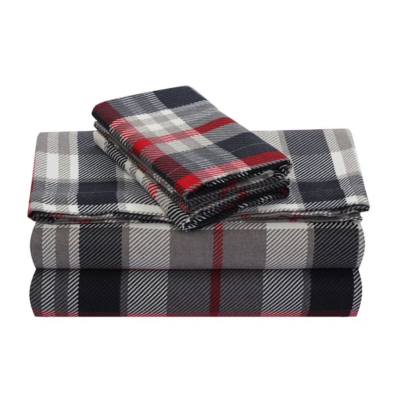 Twin White and Red Cotton Flannel Plaid Sheet Set