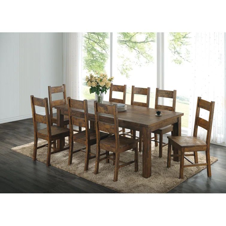 Rustic Golden Brown 9-Piece Dining Set with Ladder-Back Chairs