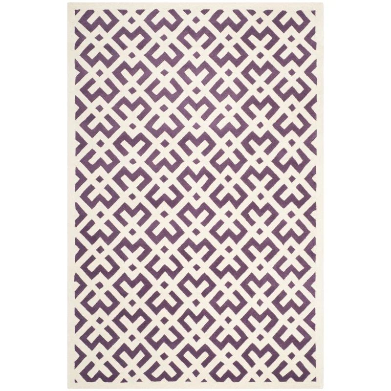 Purple and Ivory Geometric Hand-Tufted Wool 4' x 6' Area Rug