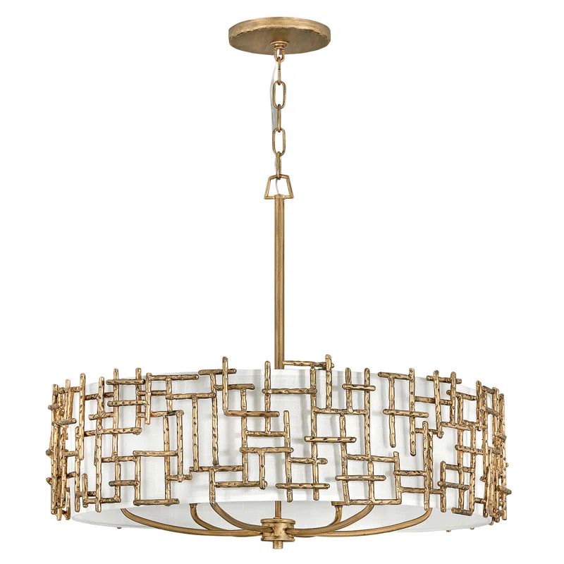 Elegant Burnished Gold Drum Chandelier with White Linen Shade