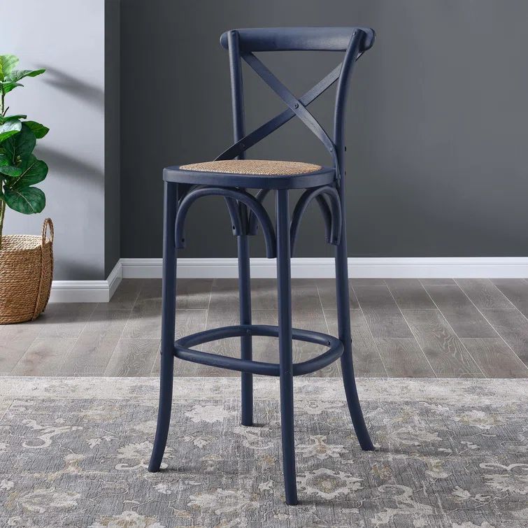 Midnight Blue Elm Wood Counter Stool with Rattan Seat