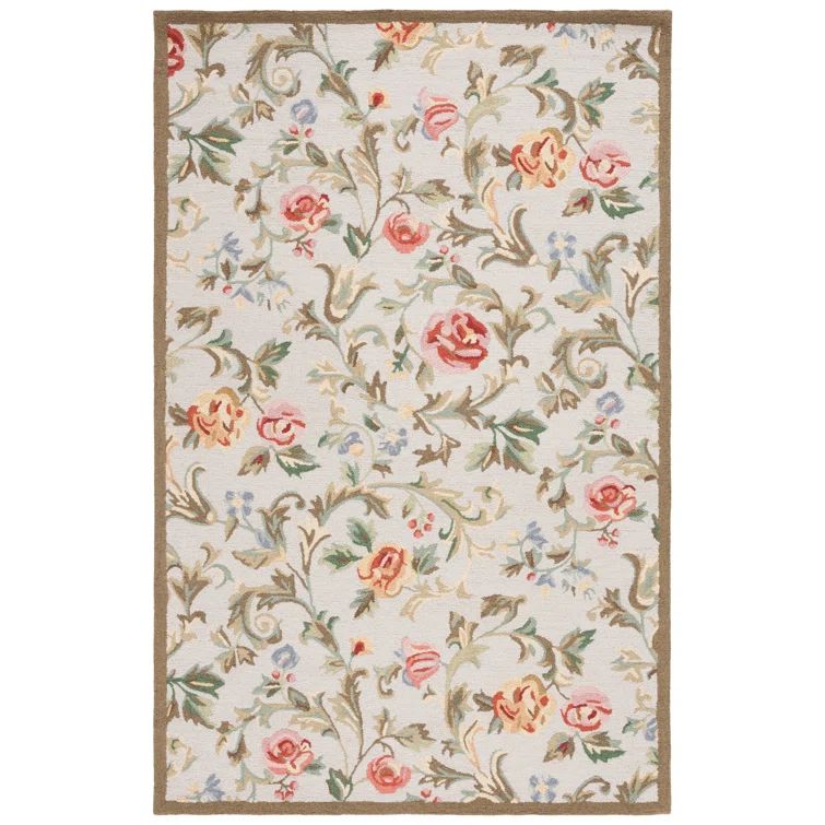 Handmade Ivory and Sage Floral Wool Rectangular Rug