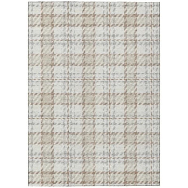 Ivory and Beige Plaid Machine Washable Indoor/Outdoor Rug