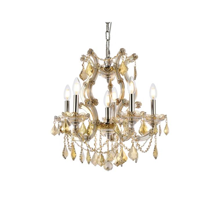 Golden Teak Crystal 6-Light Gold Chandelier with Royal Cut Trim