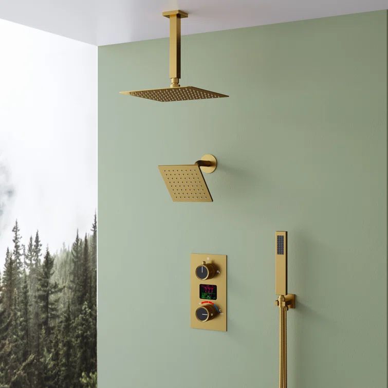 Brushed Gold Dual Rainfall Shower System with LCD Display