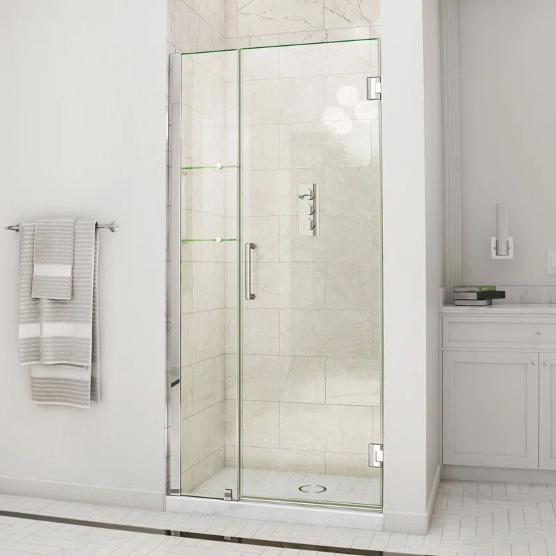 Unidoor Frameless Hinged Clear Glass Shower Door with Black Hardware