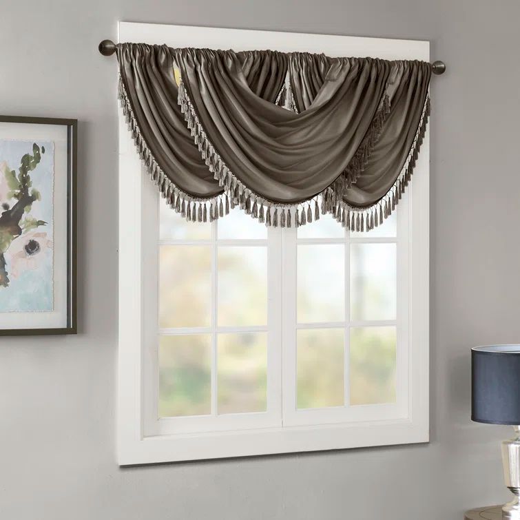 Elena Pewter Faux Silk Waterfall Rod Pocket Valance with Tassel Trim
