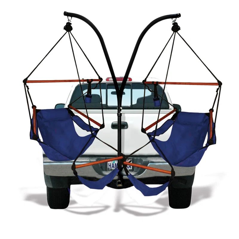 Midnight Blue Steel and Wood Trailer Hitch Hammock Chair Set