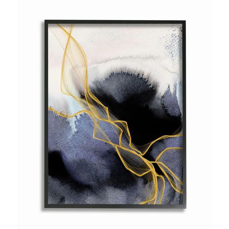 Modern Coastal Abstract Blue and Gold Canvas Print with Black Frame