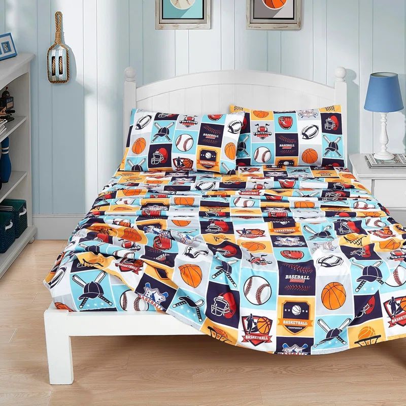 Full Size White Microfiber Sports Print Sheet Set