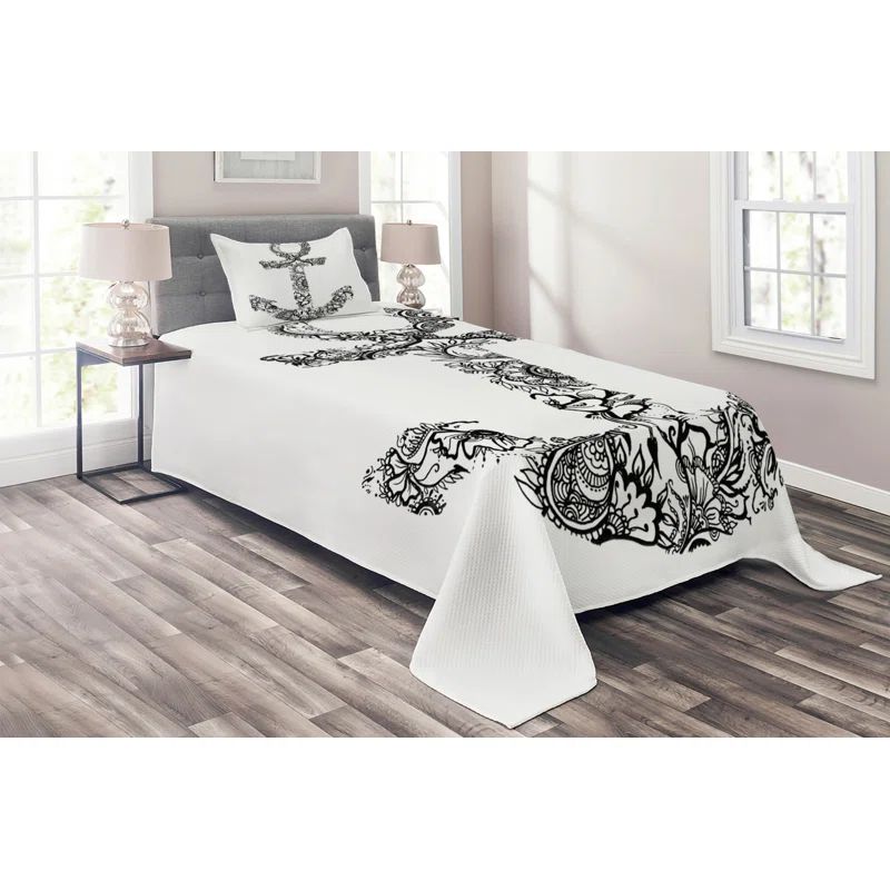 White and Black Twin Quilted Bedspread Set with Anchor Design