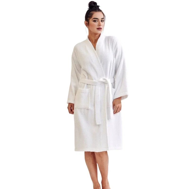 White Cotton Terry Cloth Mid-Calf Bathrobe with Pockets