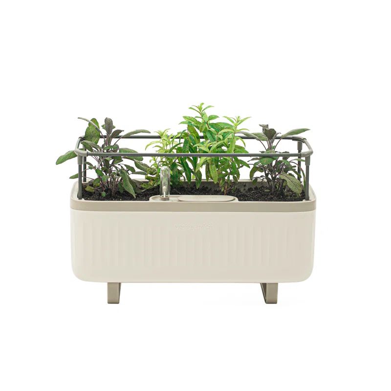 Cream White Medium Self-Watering Herb Planter Box with Trellis