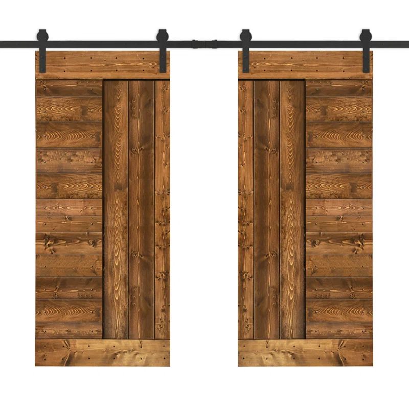 Walnut Pine Wood 48" x 84" Double Barn Door with Black Hardware