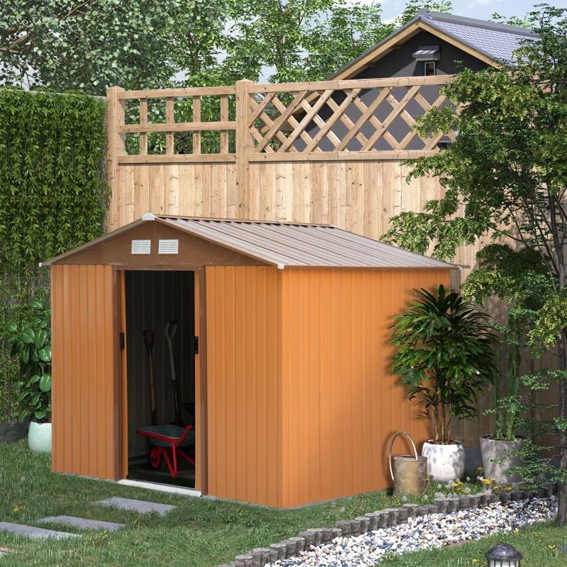 Brown Metal Outdoor Storage Shed with Windows and Kit