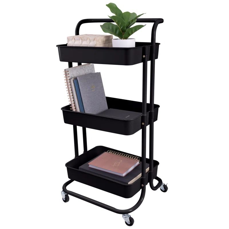 Black Industrial 3-Tier Rolling Metal Basket Cart