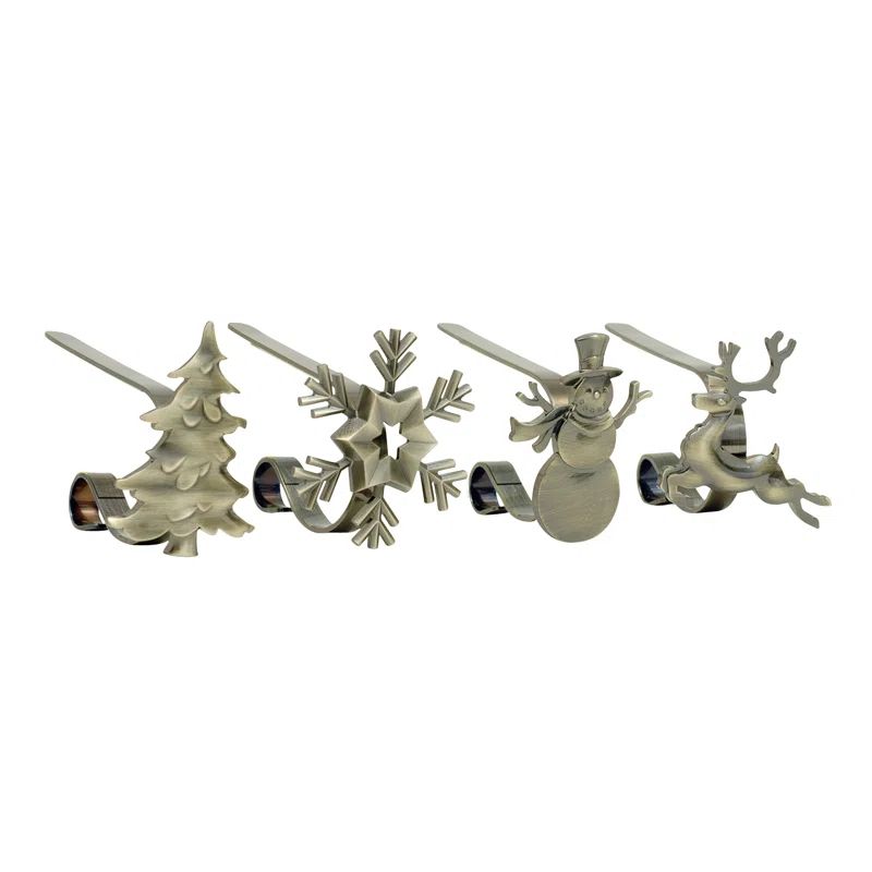 Antique Brass Holiday Icon MantleClip Stocking Holders, 4-Pack
