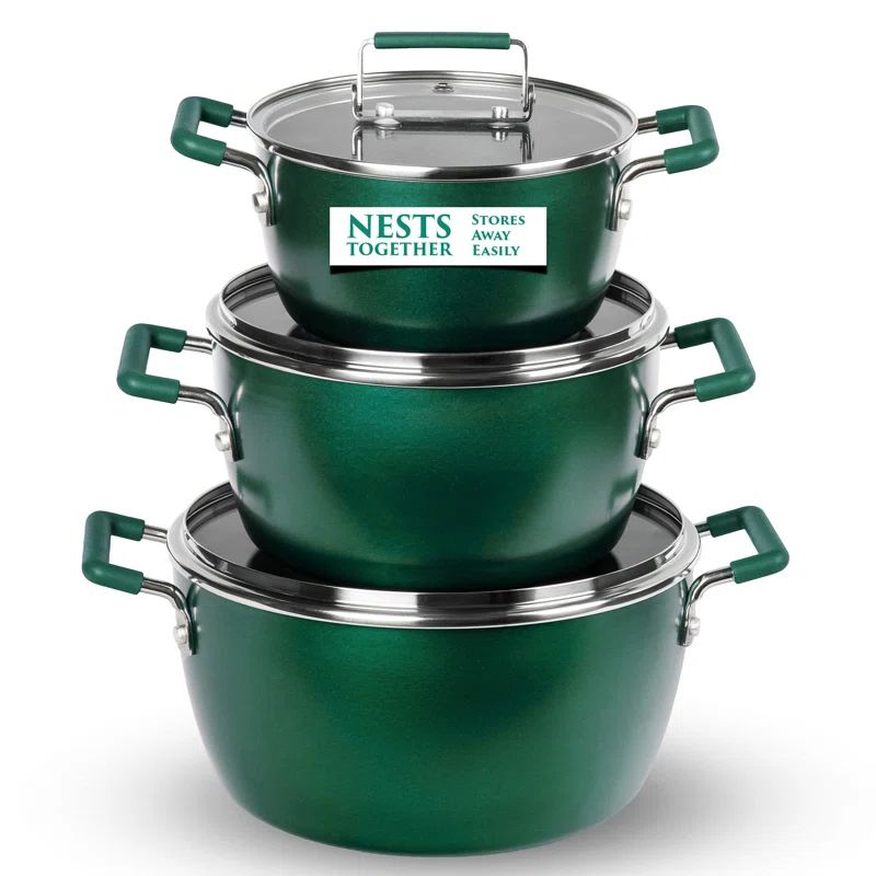 Emerald Green Aluminum Nonstick 6-Piece Nesting Cocotte Set