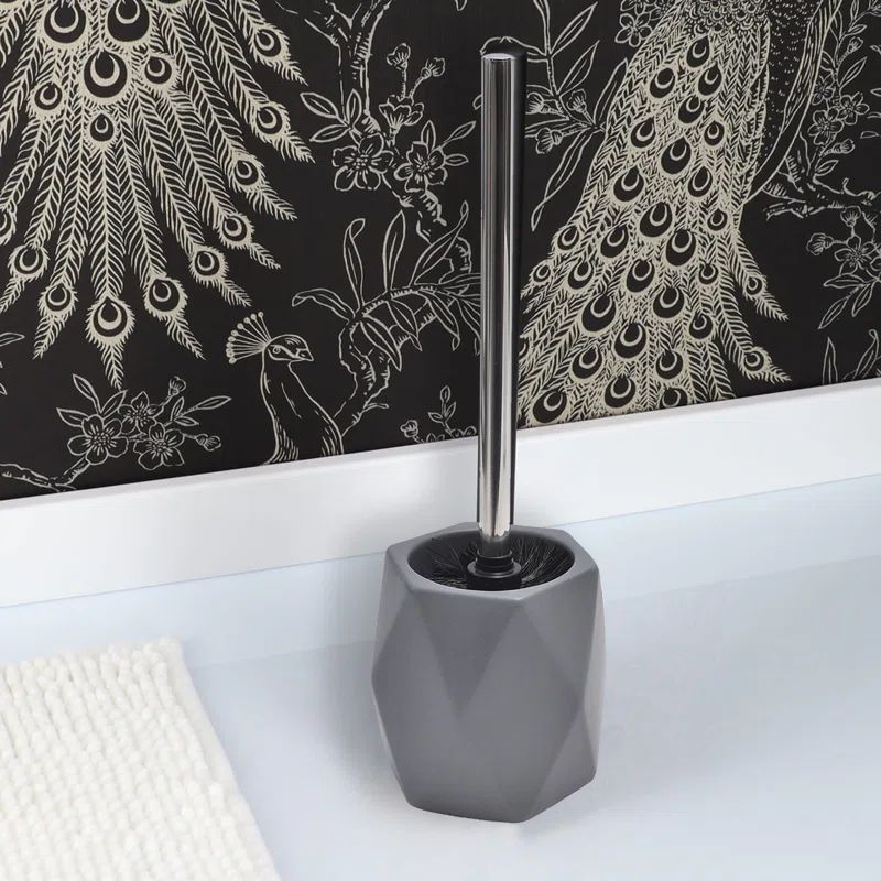 Gray Stoneware Hexagonal Toilet Brush Holder with Stainless Steel Handle