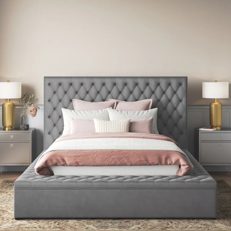 Cierra Velvet Upholstered Queen Platform Bed with Storage in Gray