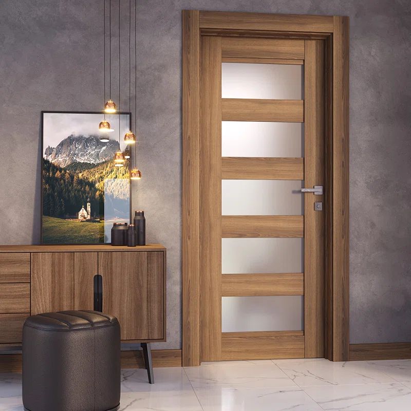 Walnut Medium Brown Interior Door with Frosted Glass Panels