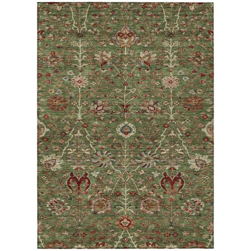Green and Red Floral Synthetic Washable 5' x 7' Area Rug