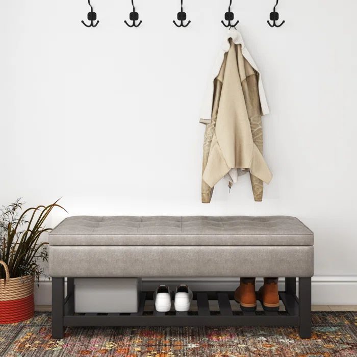 Gray Taupe Faux Leather Storage Ottoman Bench with Open Shelf