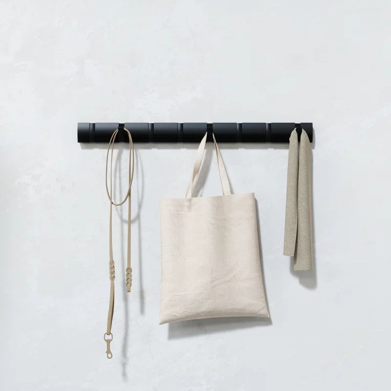 Black 32" Wall Mounted Coat Rack with Retractable Hooks