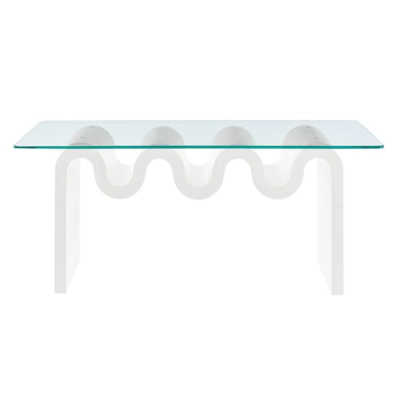 Ondine White Glass and Wood Wave Coffee Table