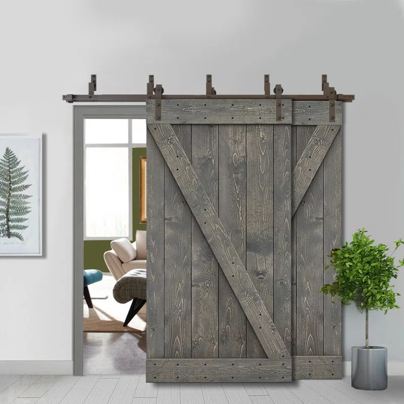 Weather Gray Knotty Pine Solid Core Double Bypass Barn Door with Oil-Rubbed Bronze Hardware