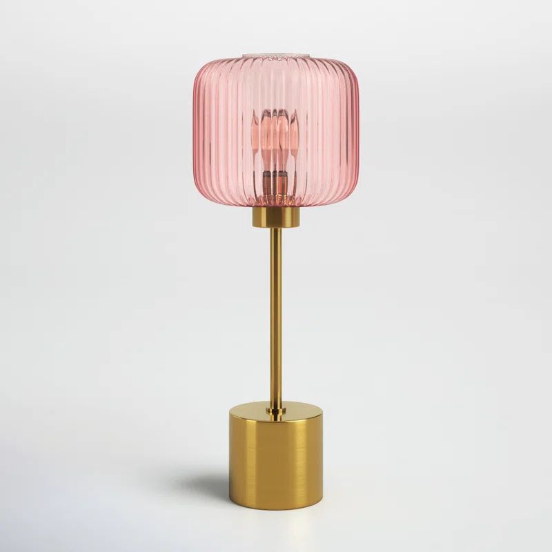 21.25" Brushed Gold Metal Table Lamp with Pink Glass Shade