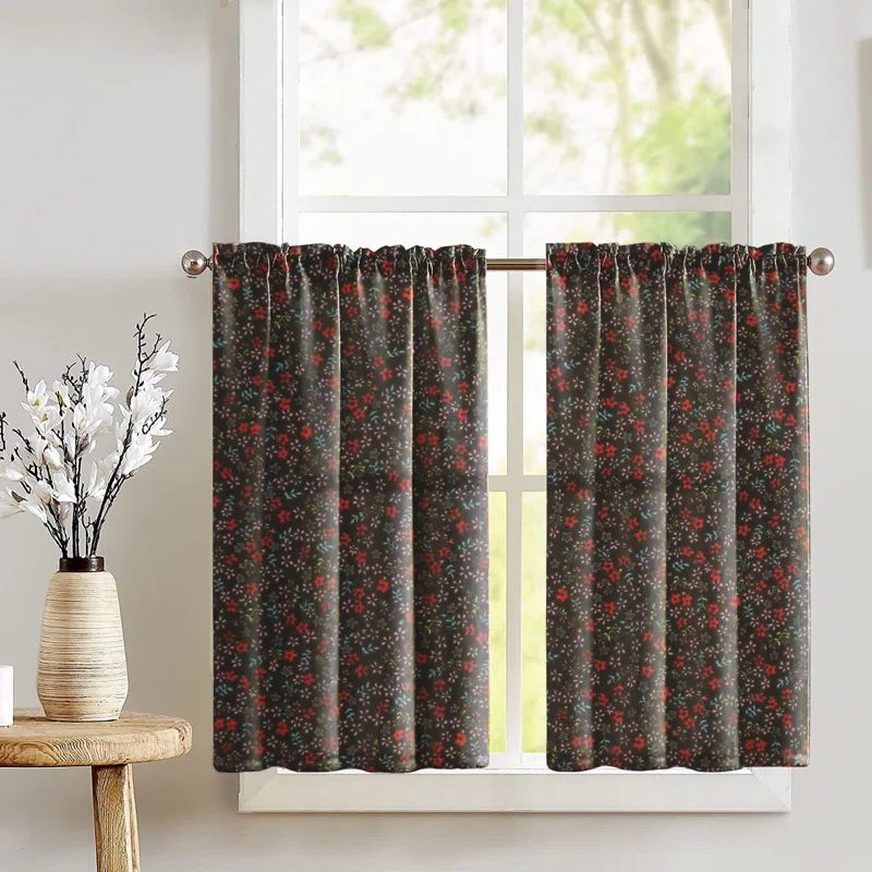 Black Cotton Floral Print Kitchen Window Tier Curtains