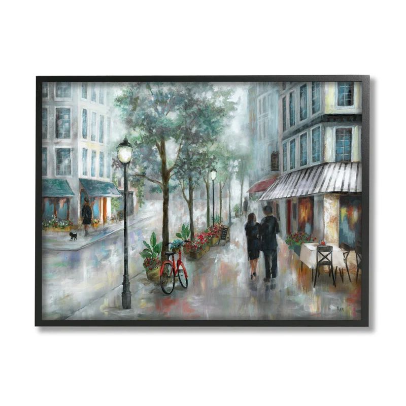 Couple Walking Through Rainy City Black Framed Wall Art