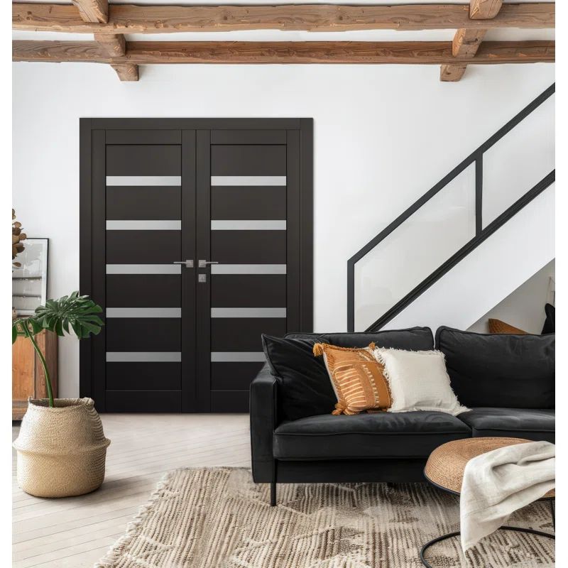 Leora Black Matte Composite French Door with Frosted Glass Panels