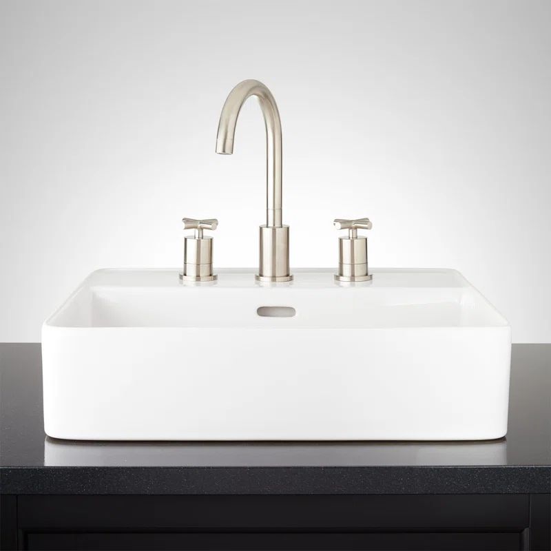 White Rectangular Ceramic Vessel Sink with 3 Faucet Holes
