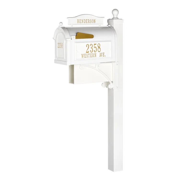 White Aluminum Lockable Post Mounted Mailbox with Personalized Plaques