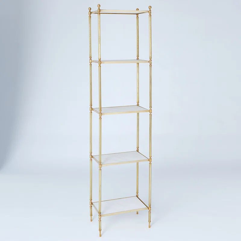 Brass and White Marble Tall Etagere Bookcase