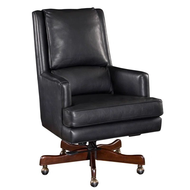 Black Leather High Back Swivel Executive Chair with Wood Base