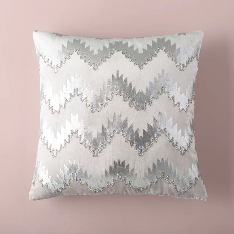 Sophia Silver Zigzag Embroidered Velvet 22" Throw Pillow
