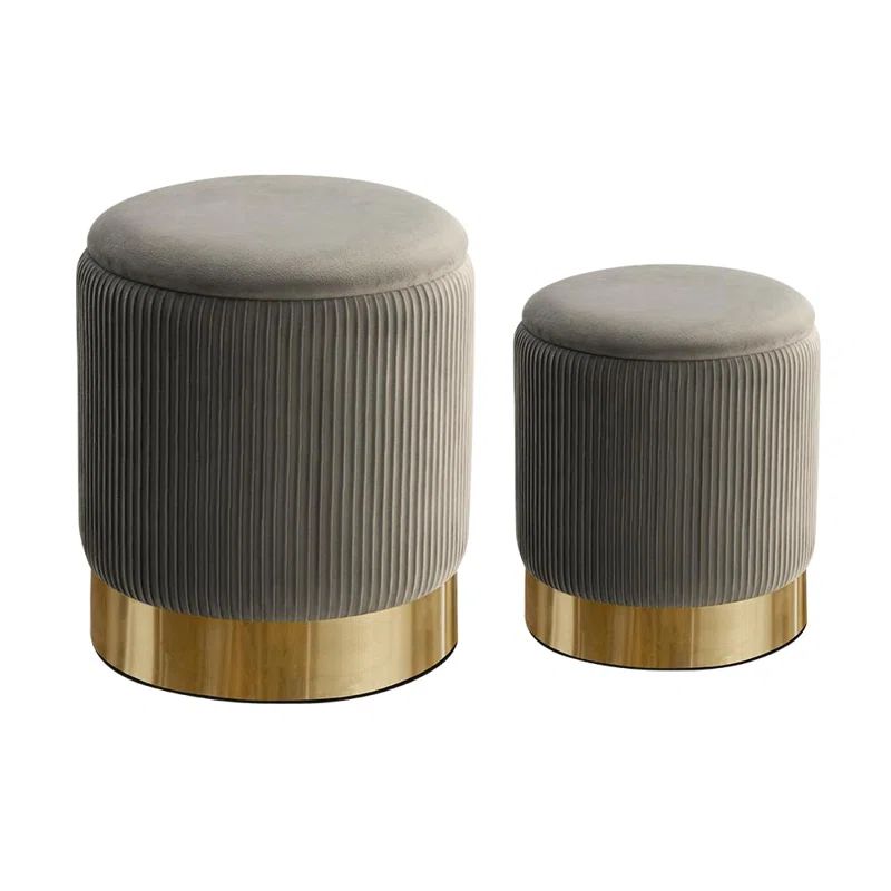 Contemporary Gray Velvet Round Storage Ottomans, Set of 2