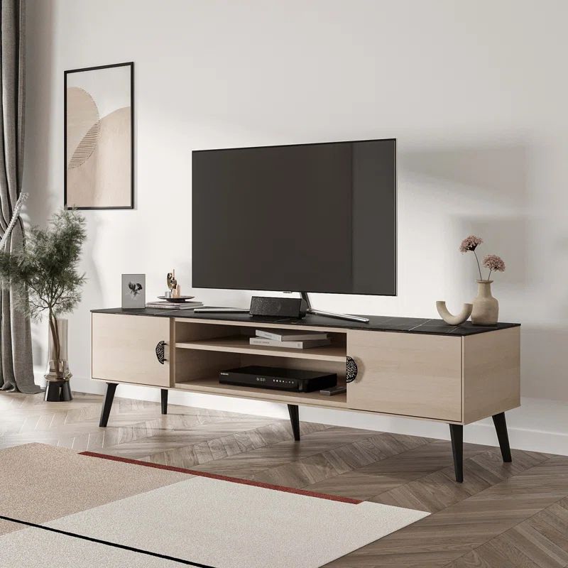 Haley 70.9" White and Black Marble TV Stand with Cabinet