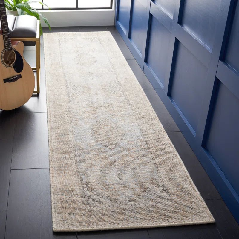 Handmade Beige and Sand Wool and Viscose Rectangular Area Rug