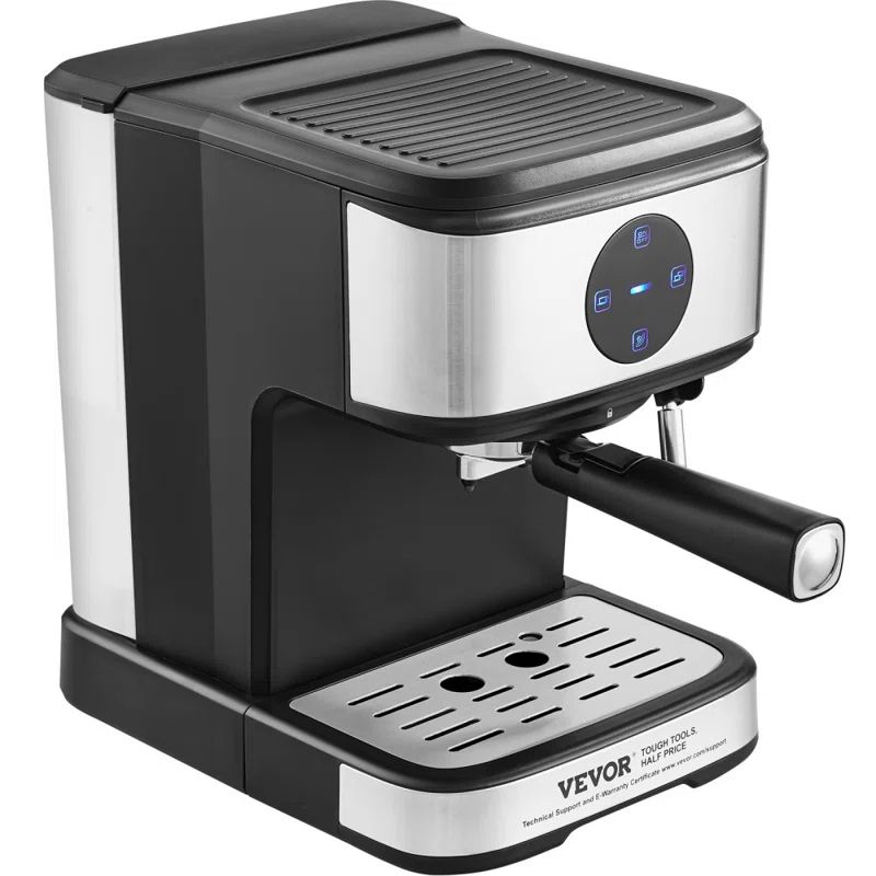 Compact Black and Silver Semi-Automatic Espresso Machine with Steam Wand