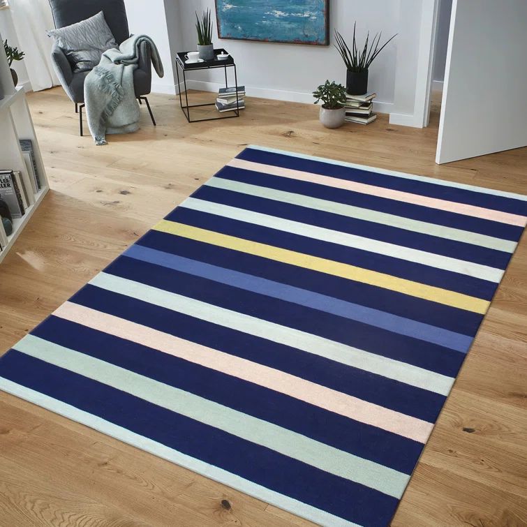 Blue and Multi Striped Synthetic Flat Woven 10' x 14' Rug