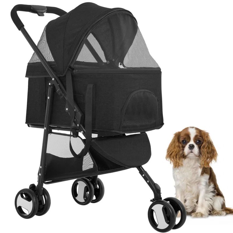 Black Linen and Stainless Steel Pet Stroller with Detachable Carrier