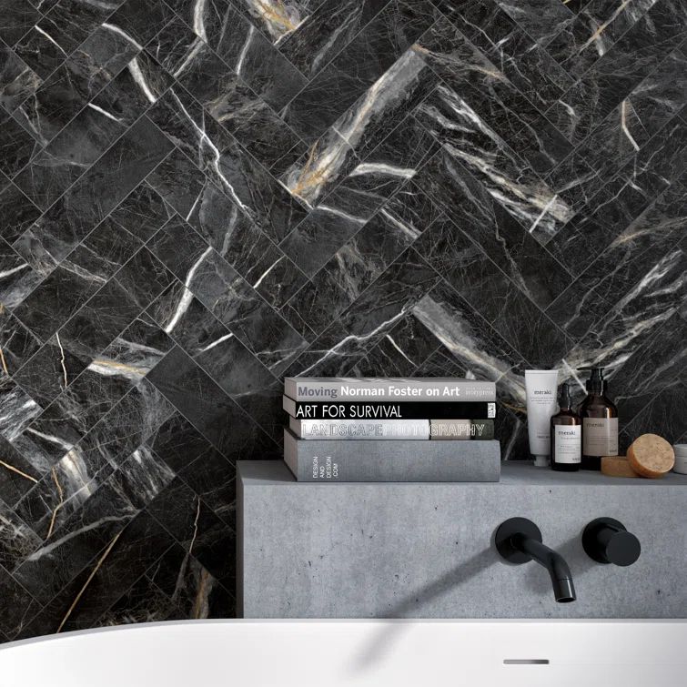 Black Matte Porcelain Marble Look Subway Wall & Floor Tile